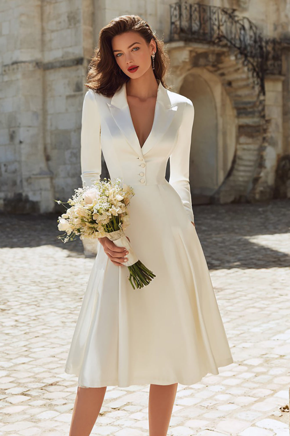 Ivory A Line Peak Lapel Midi Engagement Blazer Dress with Sleeves