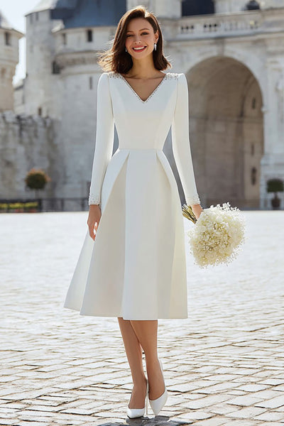 Sparkly Ivory V-Neck A Line Midi Engagement Dress with Sleeves