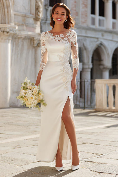 Ivory Sheath Satin Lace Appliqued Long Wedding Dress with Slit