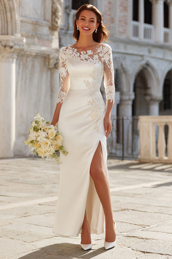 Ivory Sheath Satin Lace Appliqued Long Wedding Dress with Slit