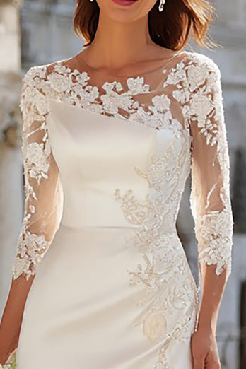 Ivory Sheath Satin Lace Appliqued Long Wedding Dress with Slit