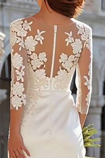 Ivory Sheath Satin Lace Appliqued Long Wedding Dress with Slit