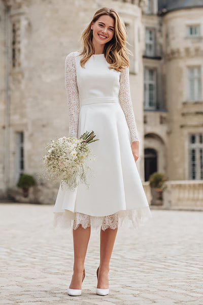 Ivory A Line Backless Long Sleeves Midi Engagement Dress with Lace