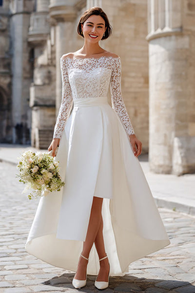 Ivory Boho A Line Satin Off the Shoulder High Low Wedding Dress with Lace