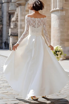 Ivory Boho A Line Satin Off the Shoulder High Low Wedding Dress with Lace