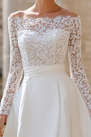 Ivory Boho A Line Satin Off the Shoulder High Low Wedding Dress with Lace