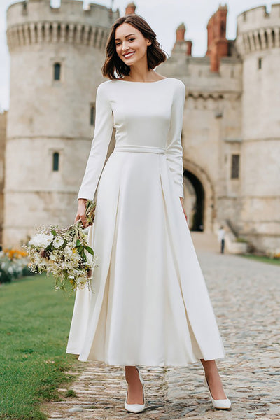 Ivory A Line Boat Neck Long Engagement Dress with Sleeves