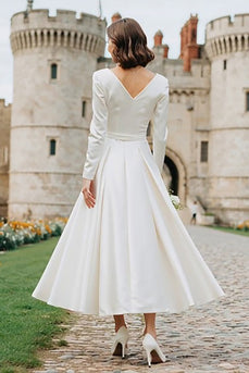 Ivory A Line Boat Neck Long Engagement Dress with Sleeves