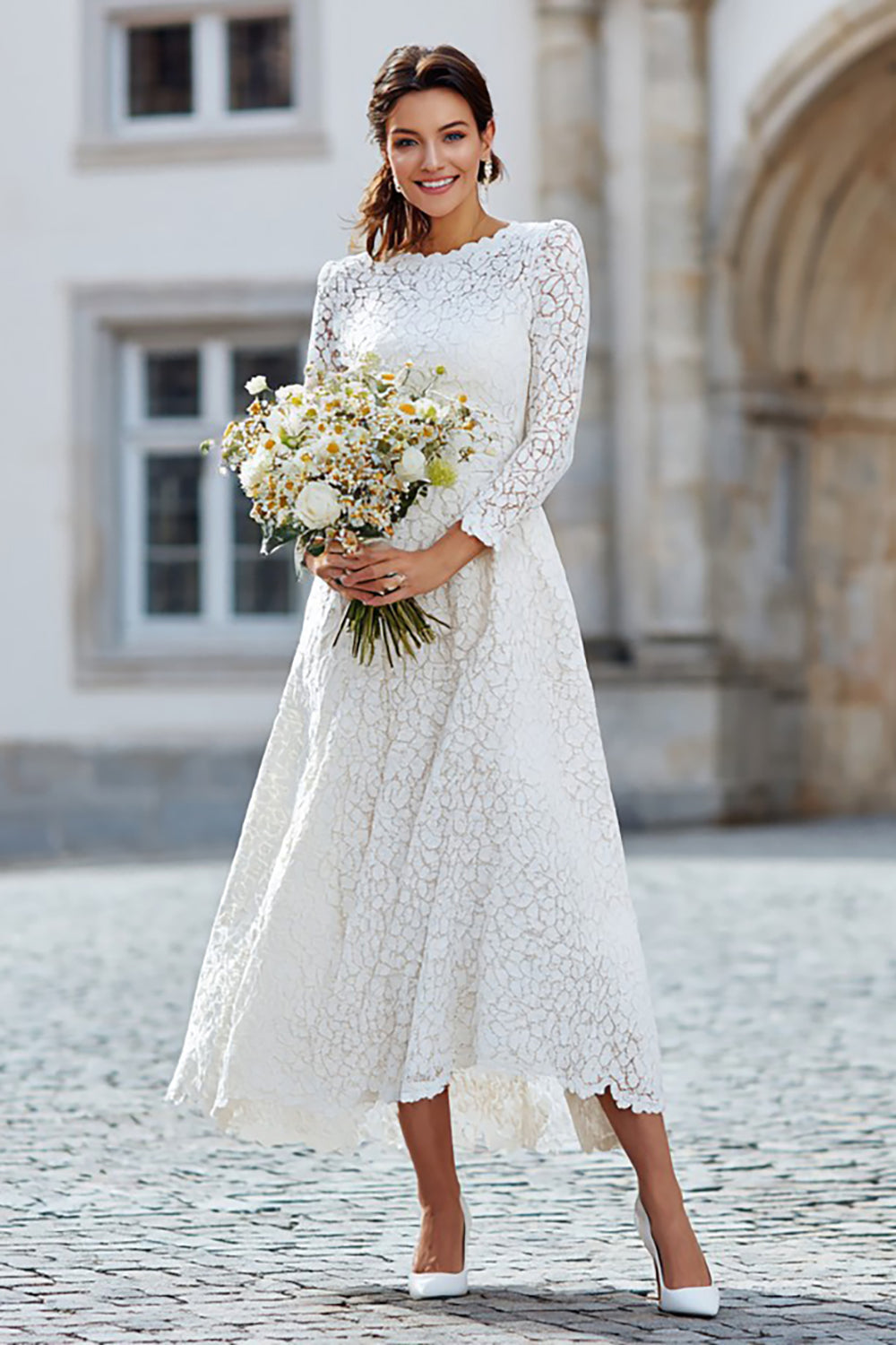 Ivory Lace A Line Bateau Neck Long Sleeves Engagement Dress