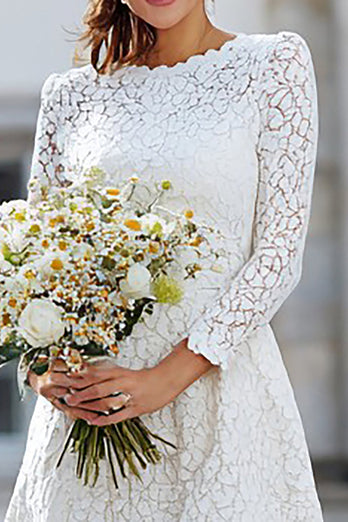 Ivory Lace A Line Bateau Neck Long Sleeves Engagement Dress