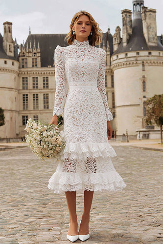 Ivory Lace High Neck Mermaid Ruffled Midi Engagement Dress with Sleeves