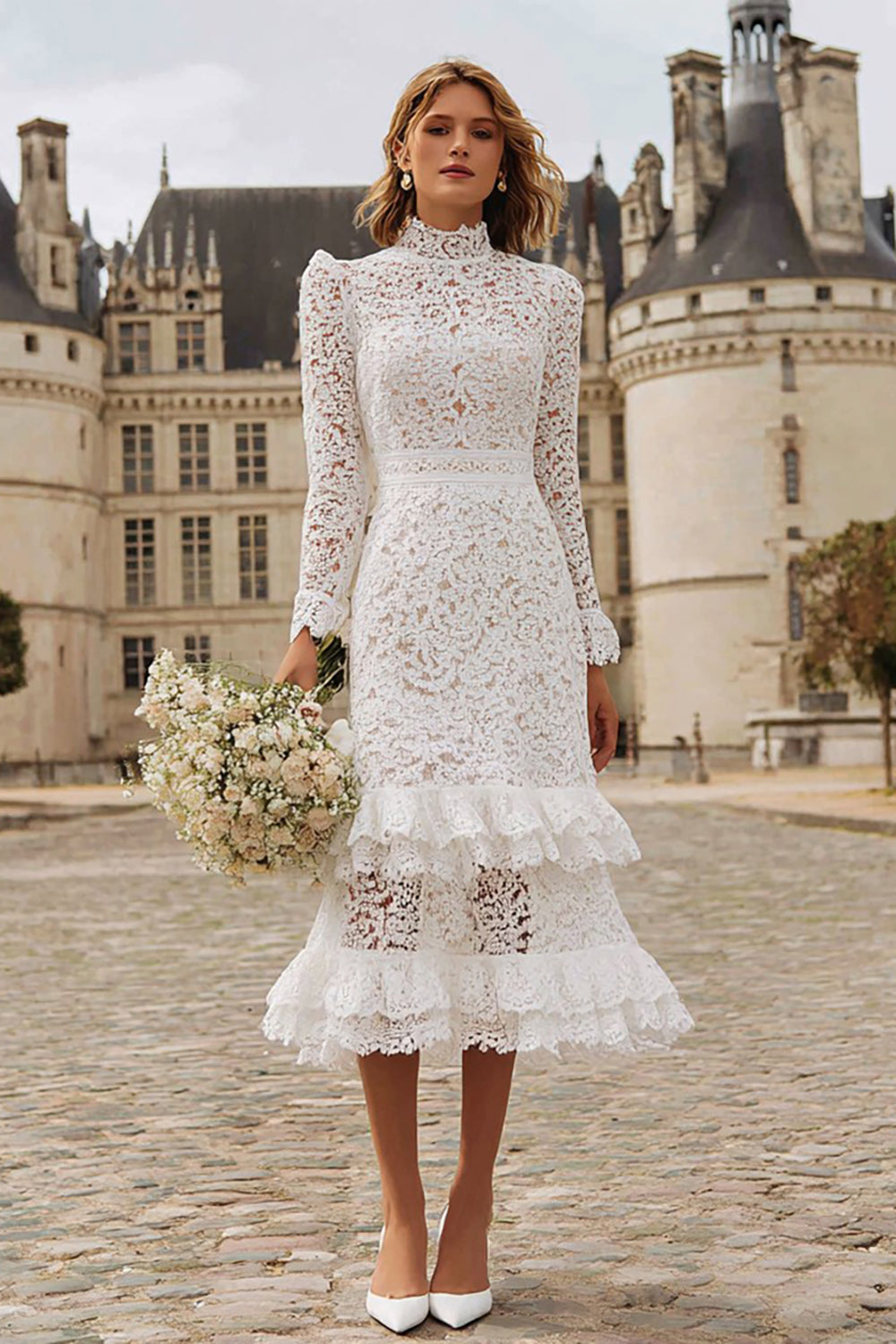 Ivory Lace High Neck Mermaid Ruffled Midi Engagement Dress with Sleeves