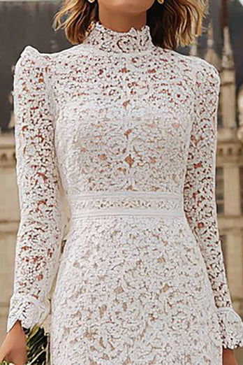 Ivory Lace High Neck Mermaid Ruffled Midi Engagement Dress with Sleeves