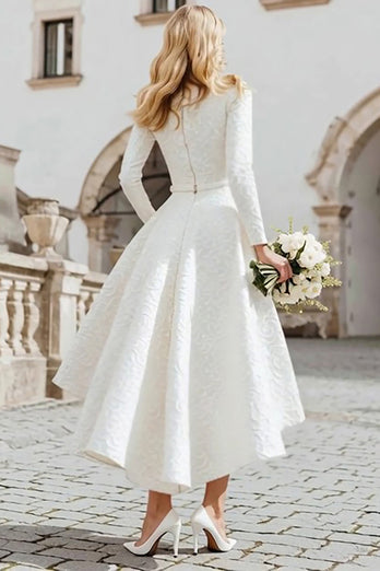 Ivory Boat Neck A Line High-Low Engagement Dress with Sleeves