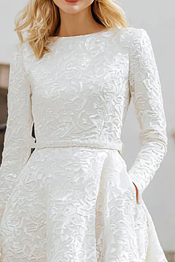Ivory Boat Neck A Line High-Low Engagement Dress with Sleeves
