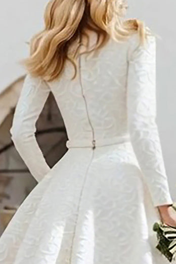 Ivory Boat Neck A Line High-Low Engagement Dress with Sleeves