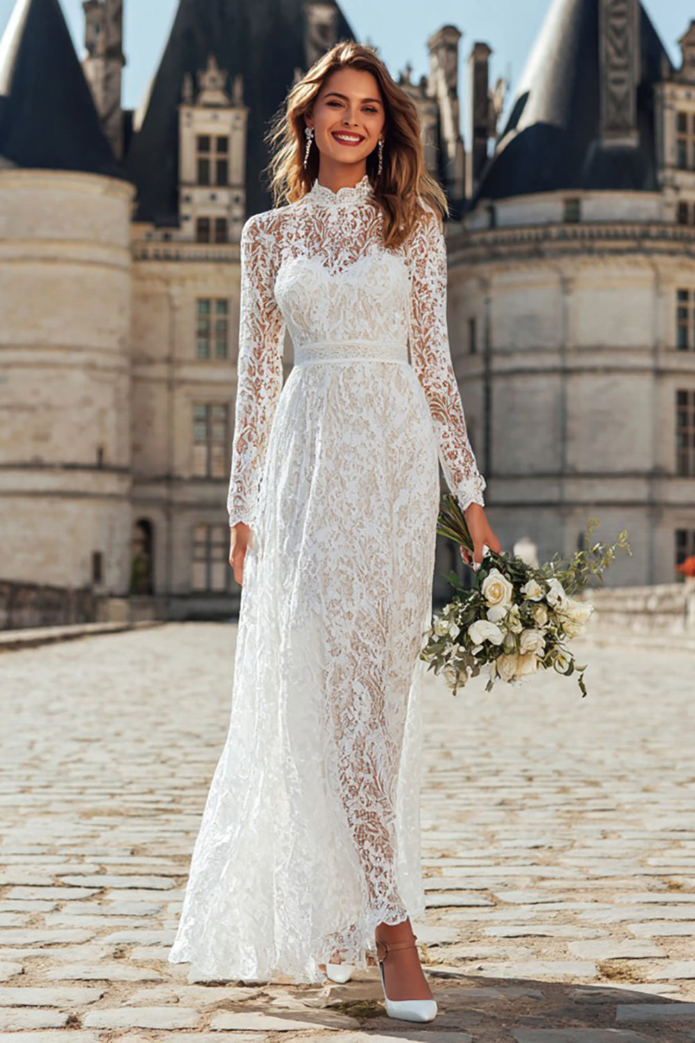 Ivory Lace High Neck A Line Long Sleeves Wedding Dress