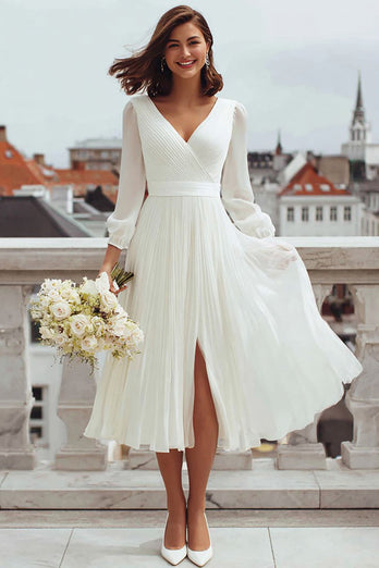 Queendancer Women Ivory Chiffon Midi Engagement Dress with Slit Pleated V-Neck A Line Rehearsal Dinner Dress with Sleeves – queendancer