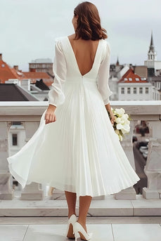 Ivory A Line Chiffon Pleated V-Neck Midi Engagement Dress with Slit