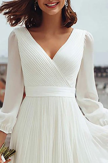 Ivory A Line Chiffon Pleated V-Neck Midi Engagement Dress with Slit