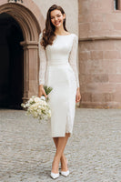 Load image into Gallery viewer, Ivory Boat Neck Bodycon Midi Wedding Reception Dress with Sleeves
