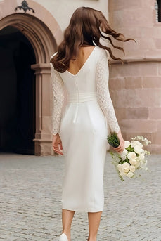 Ivory Boat Neck Bodycon Midi Wedding Reception Dress with Sleeves