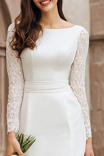 Ivory Boat Neck Bodycon Midi Wedding Reception Dress with Sleeves