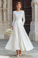 Load image into Gallery viewer, Ivory Boat Neck A Line Satin Long Sleeves Engagement Dress with Pockets