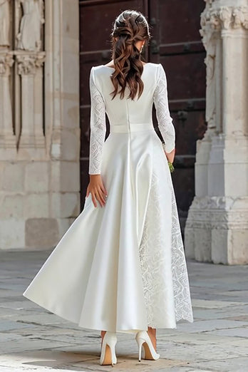 Ivory Boat Neck A Line Satin Long Sleeves Engagement Dress with Pockets