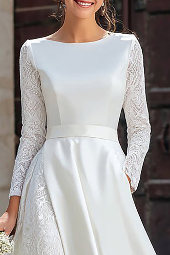 Ivory Boat Neck A Line Satin Long Sleeves Engagement Dress with Pockets