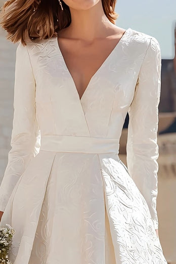 Simple Ivory V-Neck A Line Midi Engagement Dress with Sleeves
