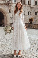 Load image into Gallery viewer, Ivory A Line Lace High Neck Long Sleeves Wedding Dress