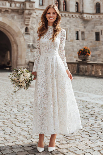 Ivory A Line Lace High Neck Long Sleeves Wedding Dress