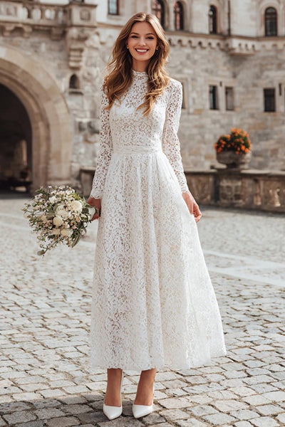 Ivory A Line Lace High Neck Long Sleeves Wedding Dress