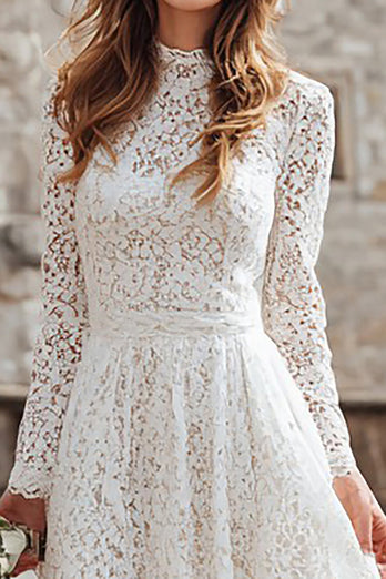 Ivory A Line Lace High Neck Long Sleeves Wedding Dress