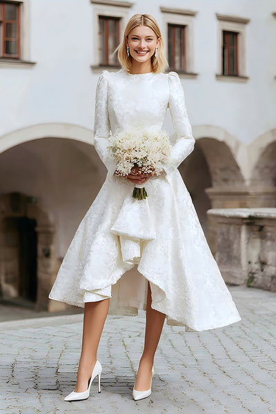 Ivory Round Neck A Line High-Low Wedding Dress with Sleeves