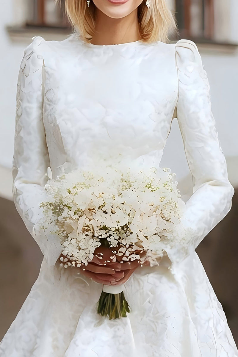 Load image into Gallery viewer, Ivory Round Neck A Line High-Low Wedding Dress with Sleeves
