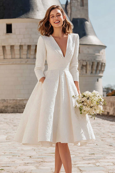 Ivory A Line V-Neck Midi Bridal Dress with Pockets