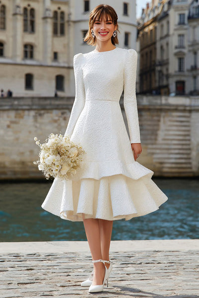 Ivory A Line Round Neck Long Sleeves Midi Bridal Dress with Ruffles