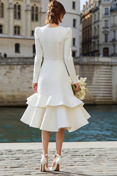 Ivory A Line Round Neck Long Sleeves Midi Bridal Dress with Ruffles