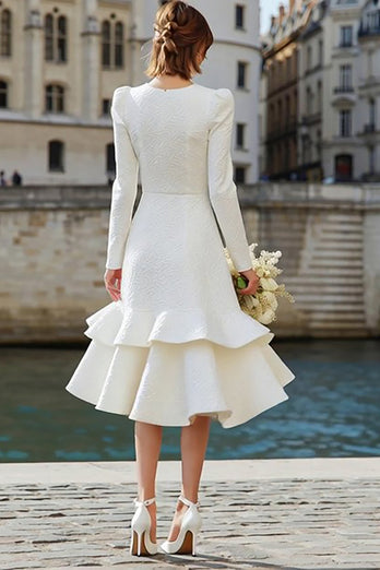 Ivory A Line Round Neck Long Sleeves Midi Bridal Dress with Ruffles