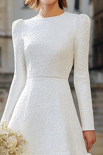 Ivory A Line Round Neck Long Sleeves Midi Bridal Dress with Ruffles