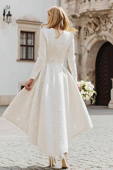 Ivory Round Neck A Line High-Low Engagement Dress with Sleeves