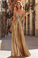 Load image into Gallery viewer, Sparkly Gold Metallic Pleated Beaded Strapless Long Prom Dress