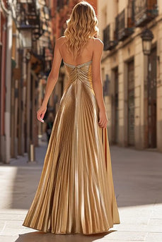 Sparkly Gold Metallic Pleated Beaded Strapless Long Prom Dress