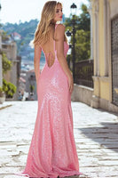 Load image into Gallery viewer, Sparkly Pink Mermaid Sequin Spaghetti Straps Long Prom Dress with Slit