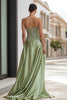 Load image into Gallery viewer, Sage Green Satin Strapless Appliqued Long Prom Dress with Slit