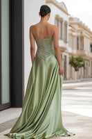 Load image into Gallery viewer, Sage Green Satin Strapless Appliqued Long Prom Dress with Slit
