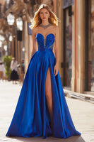 Load image into Gallery viewer, Sparkly Royal Blue Satin Beaded Strapless Long Prom Dress with Slit