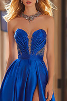 Load image into Gallery viewer, Sparkly Royal Blue Satin Beaded Strapless Long Prom Dress with Slit